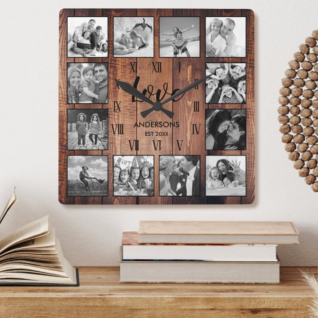 Horloge Carrée Photo de Custom Family Rustic Farmhouse Love Scrip (Créateur téléchargé)
