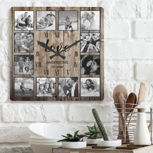 Horloge Carrée Photo de Custom Family Rustic Farmhouse Love Scrip