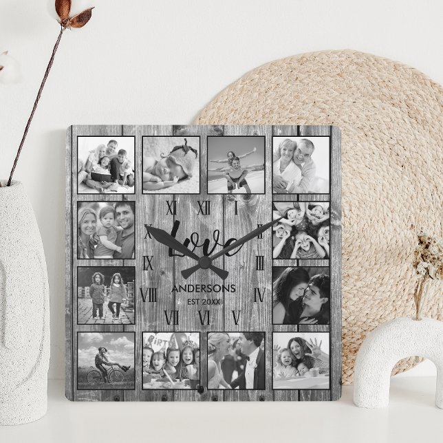 Horloge Carrée Photo de Custom Family Rustic Farmhouse Love Scrip (Créateur téléchargé)