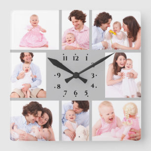 Horloge Carrée Photo de famille en 8 parties dans un cadre gris