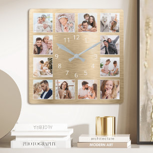 Horloge Carrée Photo de famille personnalisée Elegant Gold