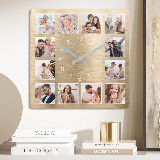 Horloge Carrée Photo de famille personnalisée Elegant Gold (Créateur téléchargé)