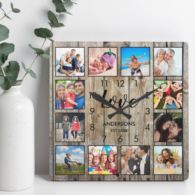 Horloge Carrée Photo de famille personnalisée Rustic Farmhouse Lo (Créateur téléchargé)