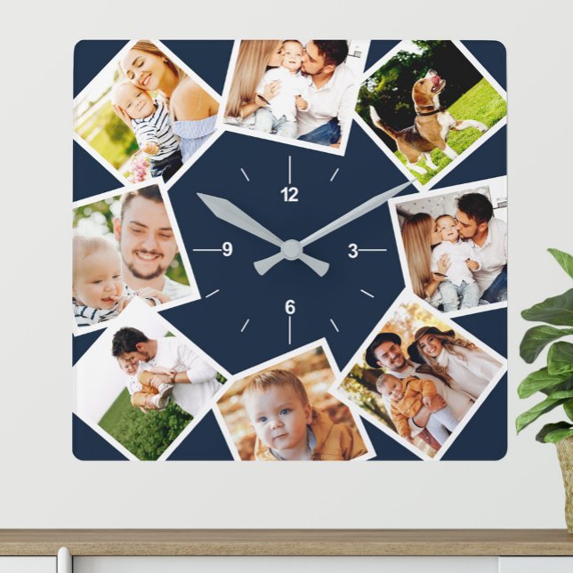 Horloge Carrée Photo de Family Collage Chic Blue et White (Créateur téléchargé)