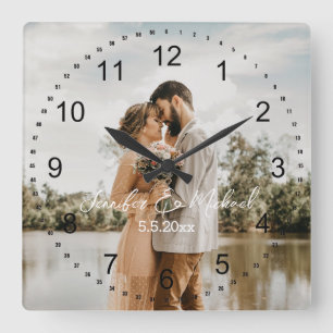 Horloge Carrée photo de mariage élégant avec chiffres noirs