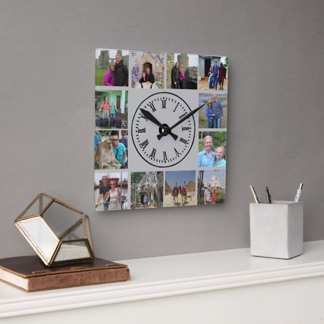 Horloge Carrée Photo de voyage Collage Arrière - plan gris (Bureau)