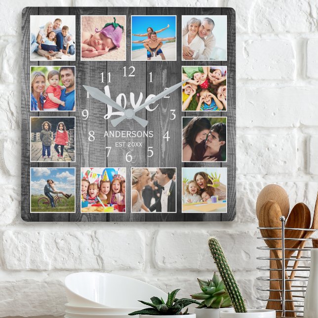 Horloge Carrée Photo personnalisée Collage rustique Farmhouse Lov (Créateur téléchargé)