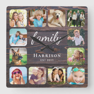 Horloge Carrée Photo personnalisée de Rustic Wood Family
