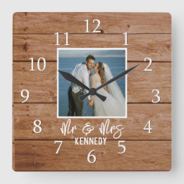 Horloge Carrée Photo personnalisée Mariage Anniversaire Bois M. &