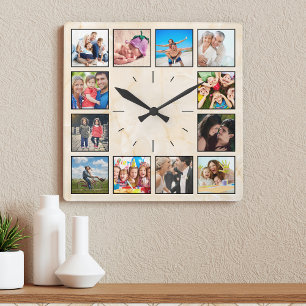 Horloge Carrée Photo personnelle de Collage Elegant Beige Marble