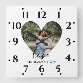 Horloge Carrée Photo personnelle Heart Frame Modern Calligraph