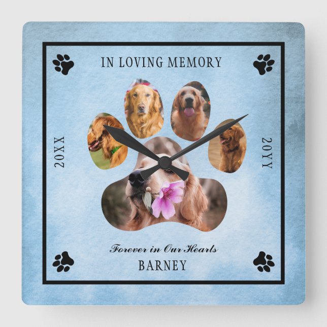 Horloge Carrée Photo Pet Memorial   Blue Black (Recto)