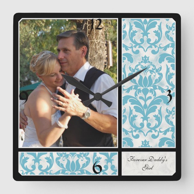Horloge Carrée Photographie de mariage au motif damassé vintage â (Recto)