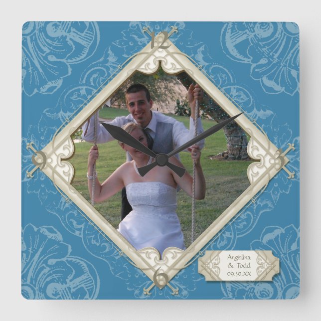 Horloge Carrée Photographie de mariage de l'Hydrangea Blue Diamon (Recto)