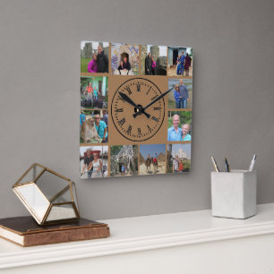 Horloge Carrée Photos de Voyage Collage Brown