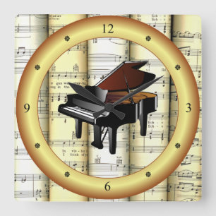 Horloge Carrée Piano ~ Musique en feuille roulée ~ Cercle d'or ~