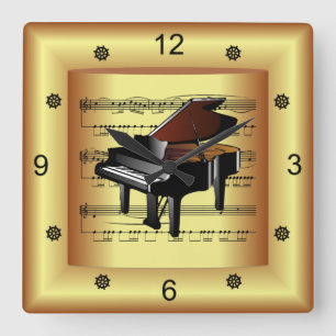 Horloge Carrée ~ Piano ~ Partition incurvée ~ Arrière - plan d'or