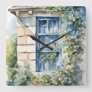 Horloge Carrée Pierre Bleu Fenêtre Mur Chaumière Vignes