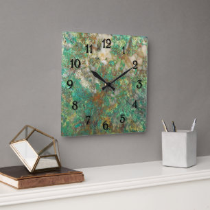 Horloge Carrée Pierre minérale verte avec chiffres noirs