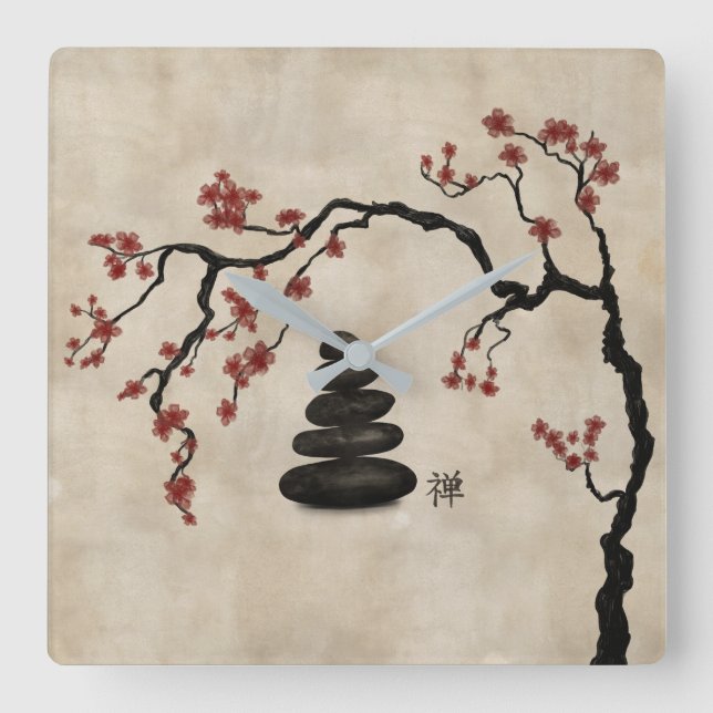 Horloge Carrée Pierres zen Sakura Tree (Recto)