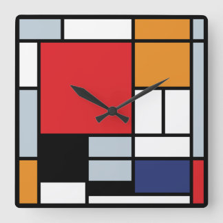 Horloge Carrée Piet Mondrian - Composition avec un grand plan rou