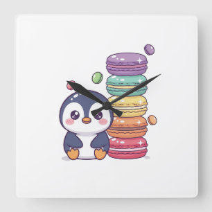 Horloge Carrée Pile de Macarons au Manchot Sucré