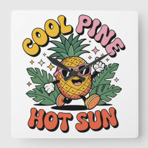 Horloge Carrée Pine Cool Soleil Chaud Rétro Ananas Vibes d'Été