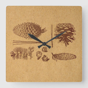 Horloge Carrée Pinecone Vintage de cônes de pin illustré