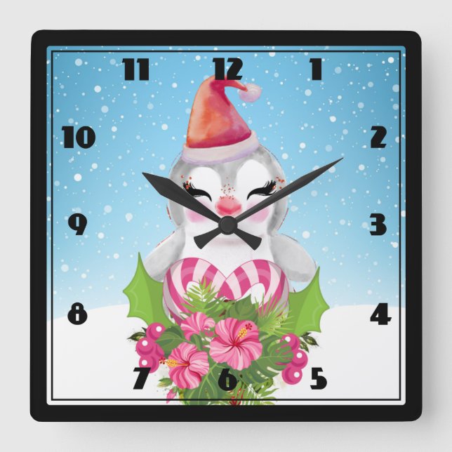 Horloge Carrée Pingouin de Noël mignon à Santa Hat (Recto)