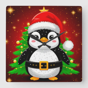 Horloge Carrée 🎄 Pingouin Père Noël Arbre de Noël Vacances Amusa