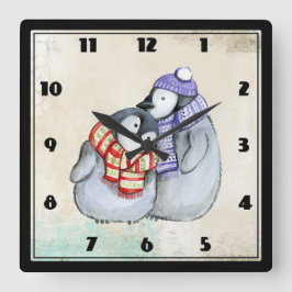 Horloge Carrée Pingouins mignons en hiver Écarts et Casquettes