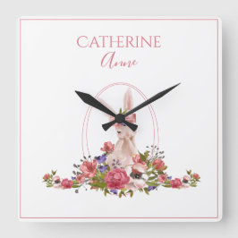 Horloge Carrée Pink Animal Bunny Floral Girly