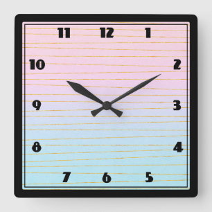 Horloge Carrée Pink Blue Pastel dégradé avec Gold Lines