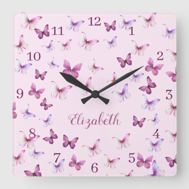 Horloge Carrée Pink Butterflies Pattern Custom Name (Recto)