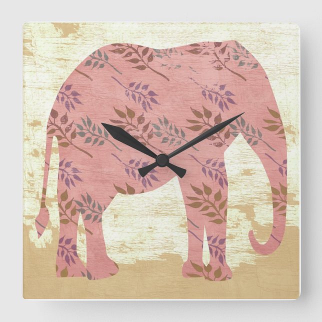 Horloge Carrée Pink Elephant with Leaves (Recto)