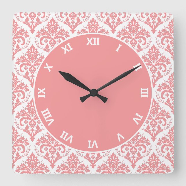 Horloge Carrée Pink on White Damask (Recto)