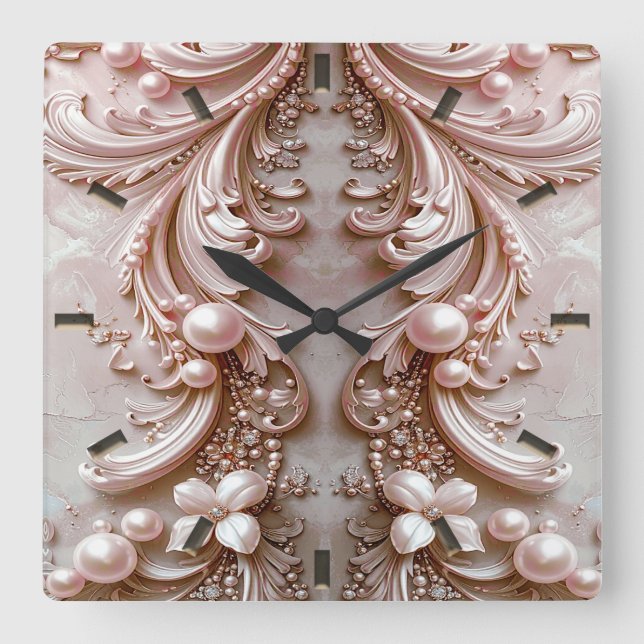 Horloge Carrée Pink Ornate Pearl and Floral Wall Clock (Recto)