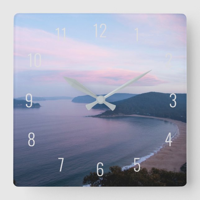 Horloge Carrée Pink Sunset Pearl Beach Paysage Australie (Recto)
