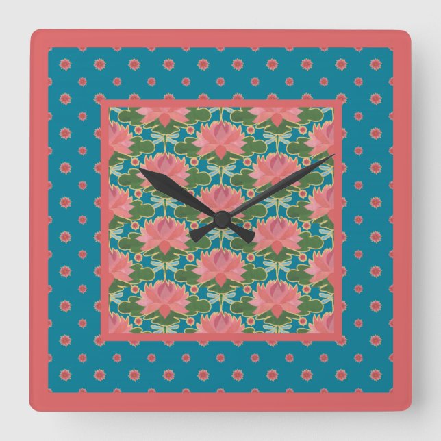 Horloge Carrée Pink Water Lilies Dragonflies Pendentif Mur Horlog (Recto)