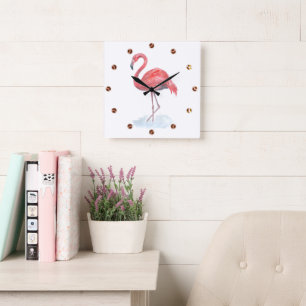 Horloge Carrée Pink watercolor Flamingo .