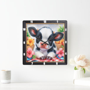 Horloge Carrée Pique-nique de veau adorable Floral