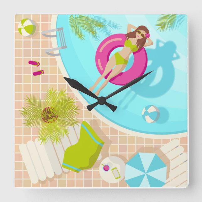 Horloge Carrée Piscine fille en bikini plage d'été  (Recto)