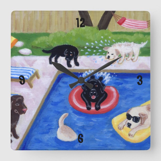 Horloge Carrée Piscine Party labradors peinture (Recto)