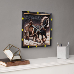 Horloge Carrée Piste d'hiver : Charred Wood Clydesdale personnali
