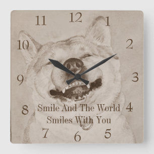 Horloge Carrée piture drôle de chien réaliste de sourire d'art
