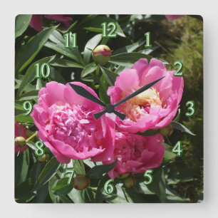 Horloge Carrée Pivoines roses foncés