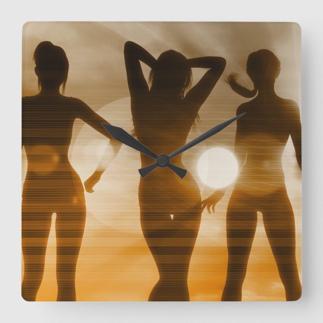 Horloge Carrée Plage Babes Sunset Silhouette Profiter du soleil (Recto)