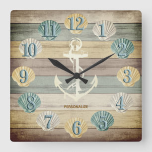 Horloge Carrée Plage Bois Rayures nautiques avec Carré Ancre Wa