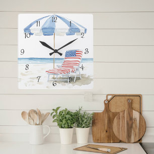 Horloge Carrée Plage d'aquarelle côtière Americana Été