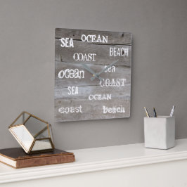 Horloge Carrée Plage de bois flotté rustique océan écriture manus